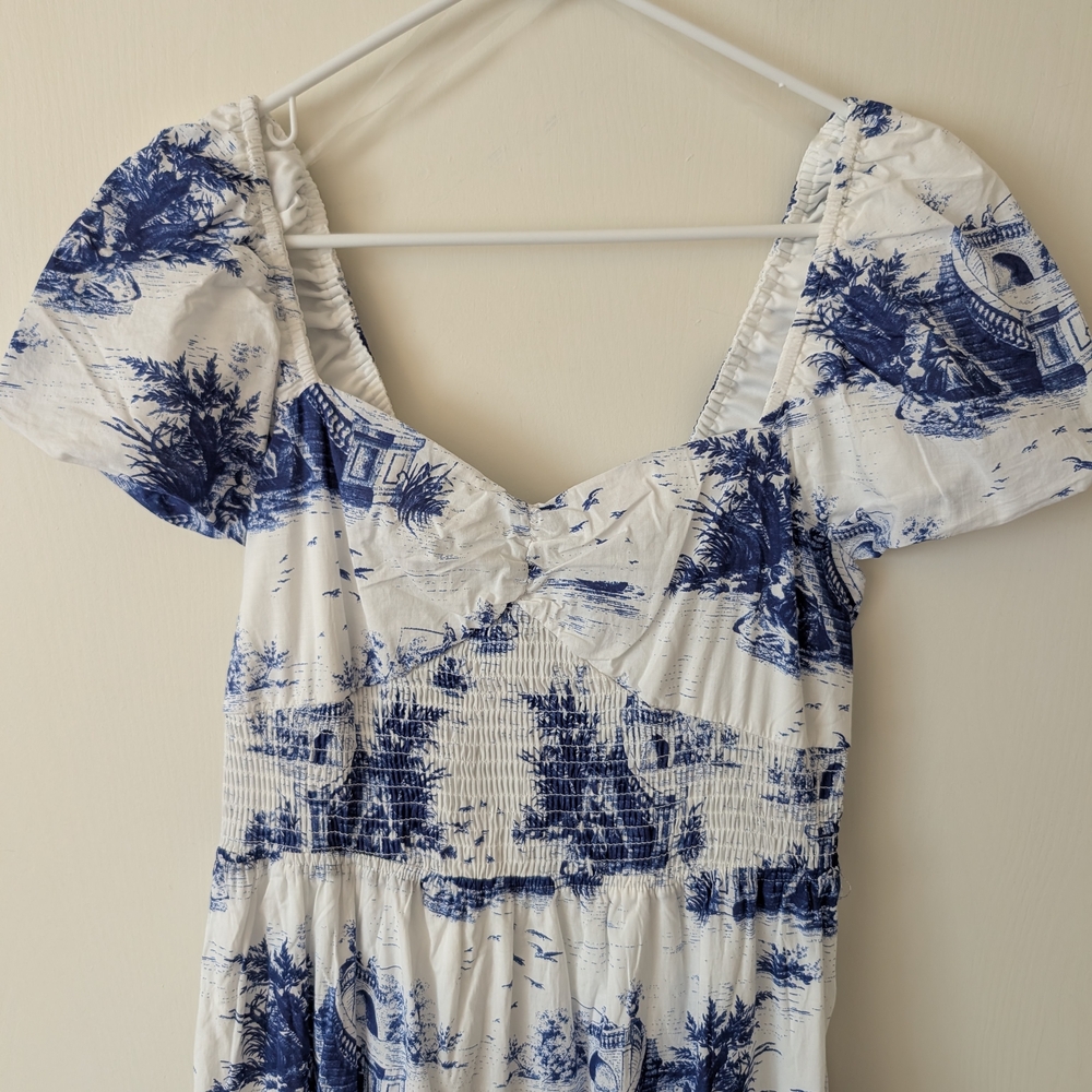 Bailey Blue Women L Blue White Toile Maxi Dress 100% Cotton Cottage Coquette NWT - Picture 2 of 6